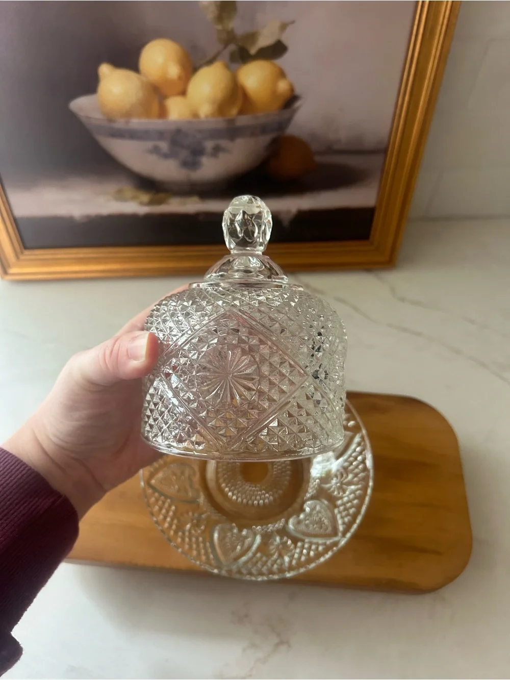 Vintage Pressed Glass Covered Butter Dish Heart Floral Pattern Cottage Decor